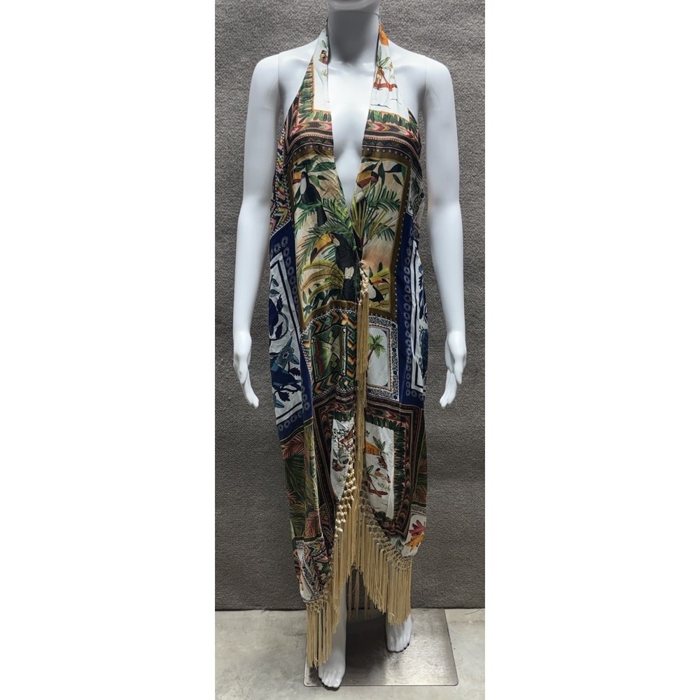 FARM‎ RIO Mixed Scarves Wrap Front Maxi Dress Size Medium Frills Deep V-Neck EUC